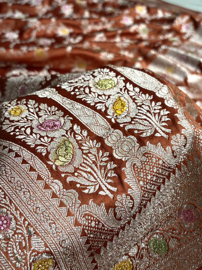 Rust Brown Shades Banarasi Minakari Floral Jaal Mashru Silk Saree MCS28