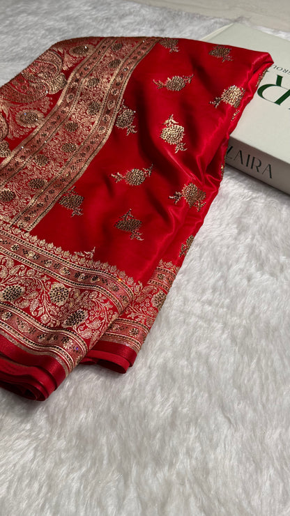 Satin Silk Saree Swarovski Work Floral Boota in Red Shades BSS26