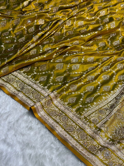 Mehandi Green Floral Jaal Pattern with Sewarovsi Work Satin Katan Silk saree BSK42