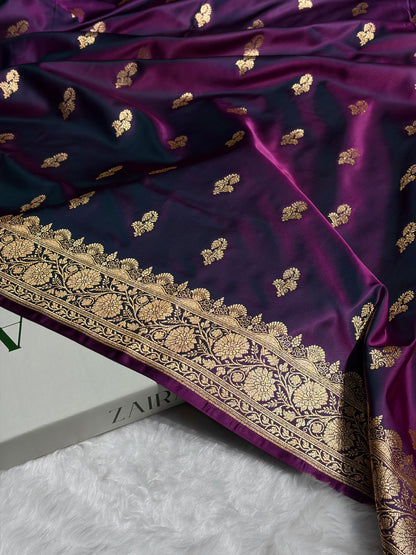 Wine Shades Floral Booti Motif Satin Katan Silk saree SK61