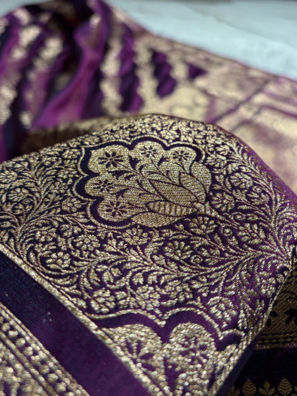 Wine Floral Cross Pattern Satin Katan Silk Saree SK74