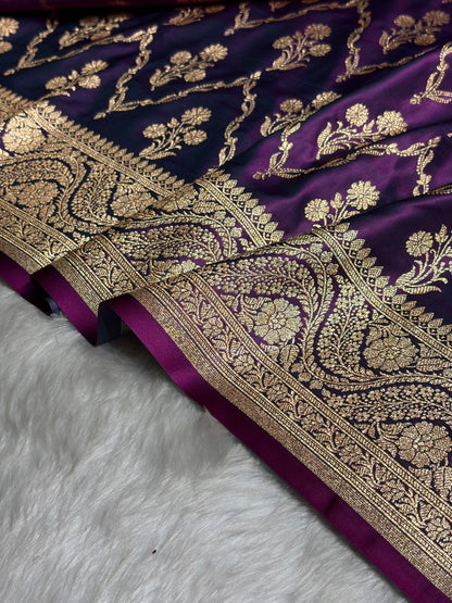 Wine Cross with Boota Pattern Satin Katan Silk Saree SK67