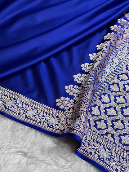 Royal Blue Shades Plain Banarasi With Minakari Floral Border Mashru Silk Saree MSM-123