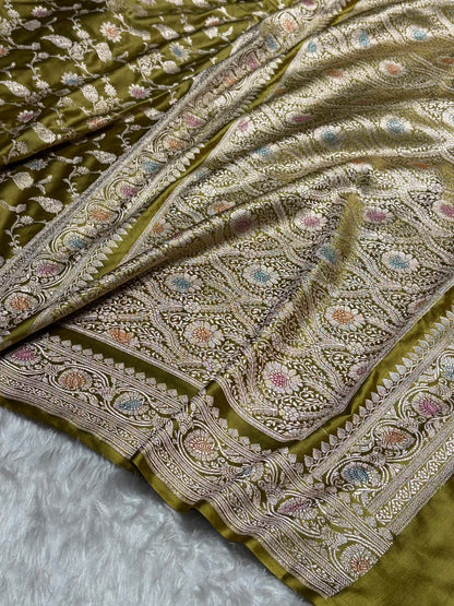 Olive Green Shades In Banarasi Minakari Jaal Mashru Silk Saree MS42