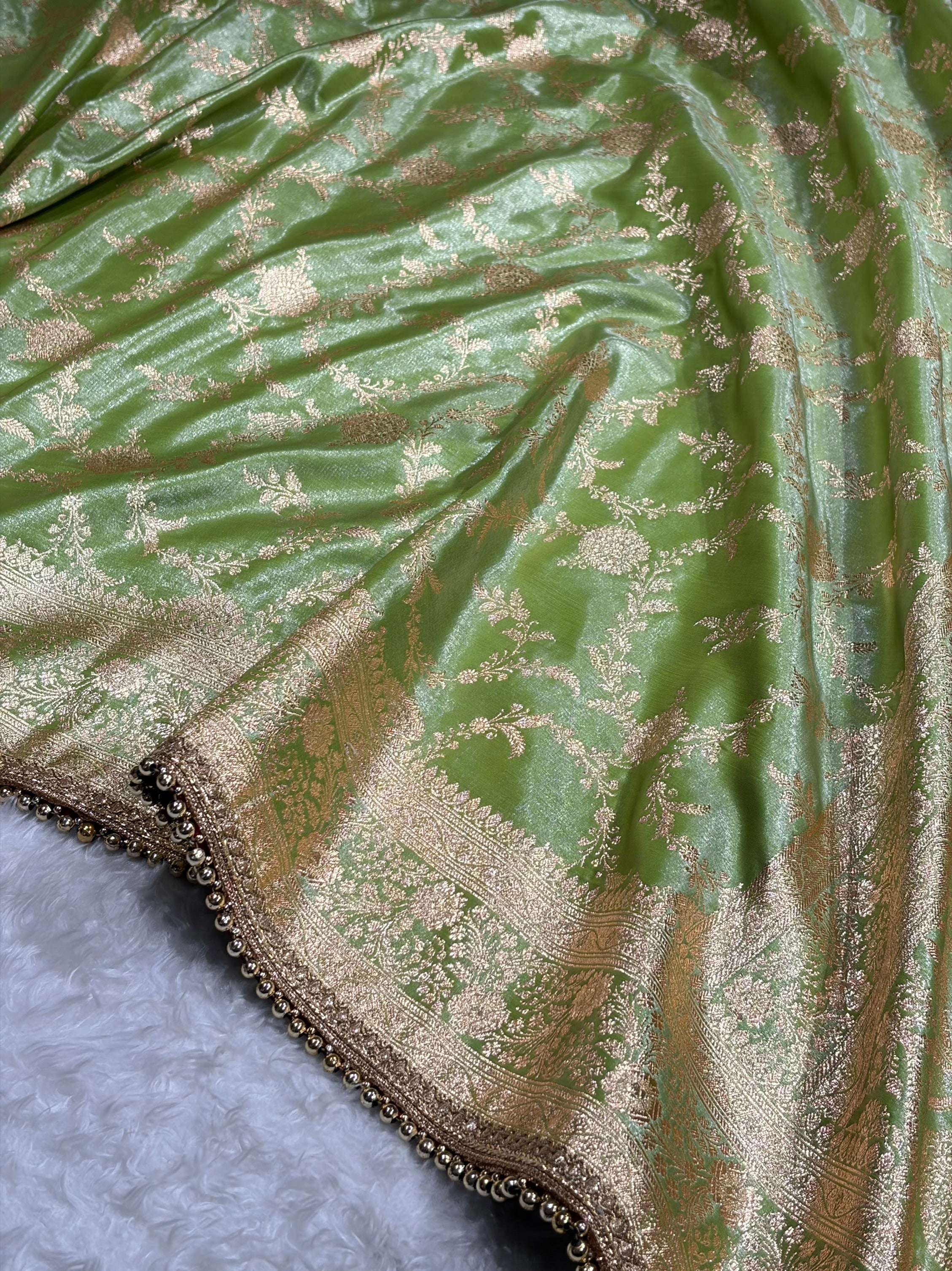 Satin Silk Jaal in Pista Shades With Gota Patti SSGP14