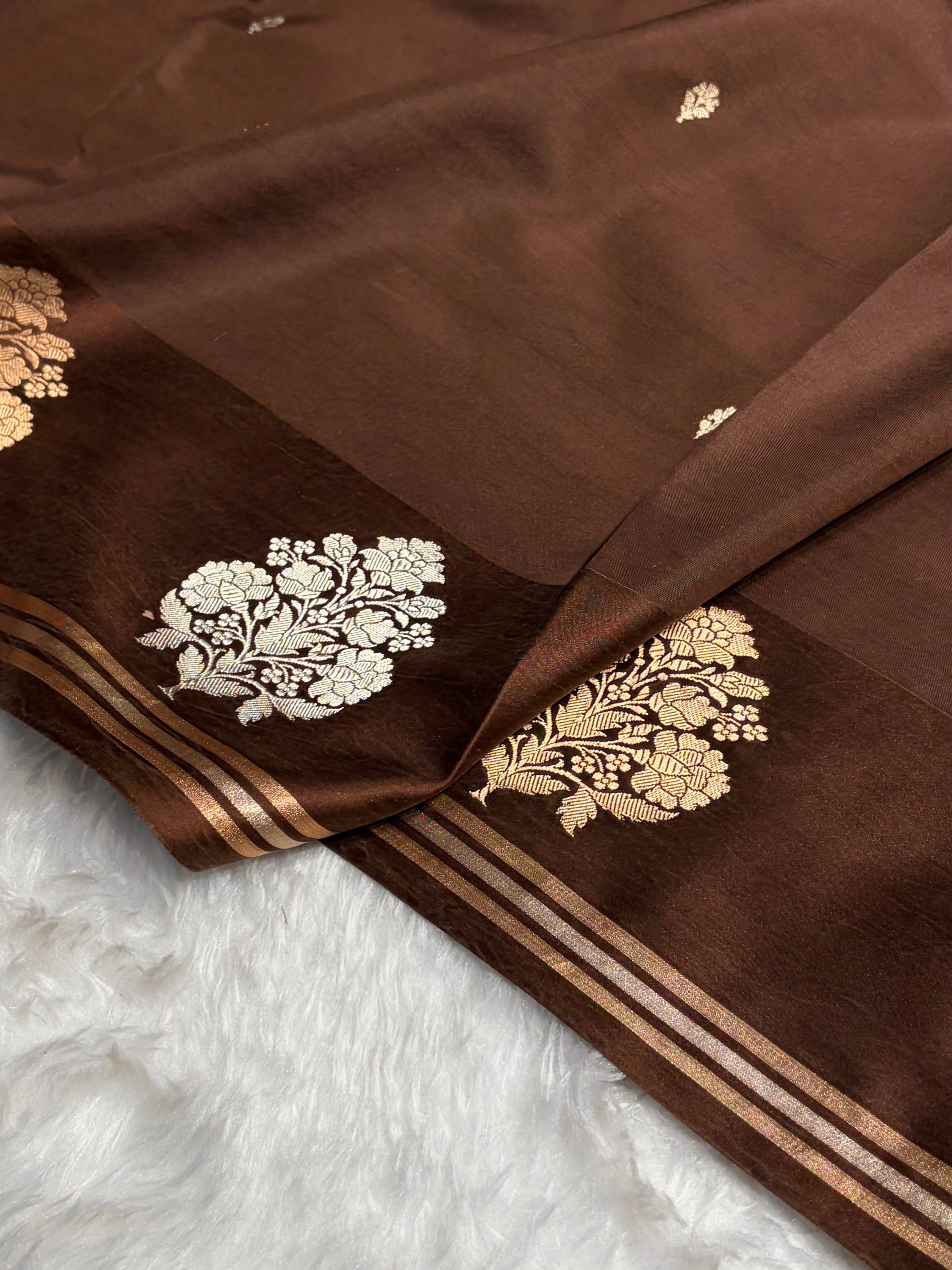 Chocolate Shade Handwoven Kaduwa Pure Katan Raw Mango Silk RM-01