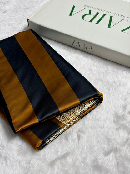 Mustard With Black Horizontal Strips Floral Border & Brocket Blouse Mashru Silk Saree MSM-84