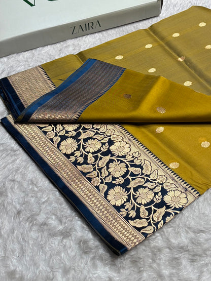 Contrast Pure Banarasi Organza Beige With German Blue Floral Banarasi Silk Saree PO-18