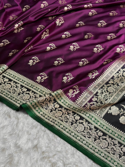 Banarasi Wine With Contrast Green Floral Border Mashru Silk Saree MSM-100