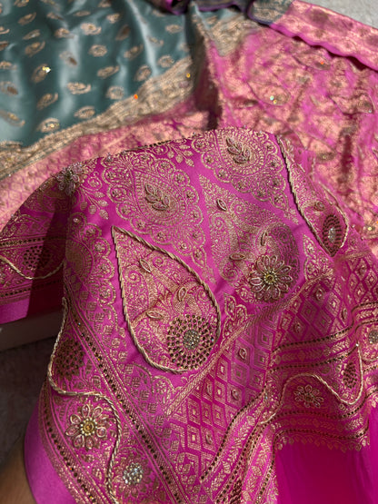 Turquoise with Lavender Floral Boota With Swarovski & Zardozi Work Satin Katan Silk saree BSK27