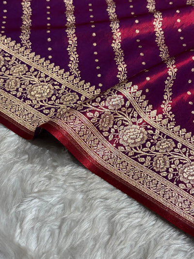 Banarasi Magentic Red Shades Cross Pattern Banarasi Satin Silk Saree SS61