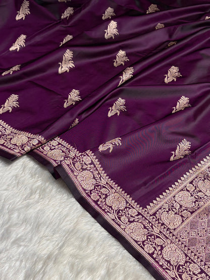Dark Purple Boota With Floral Border Mashru Silk Saree MSM-89