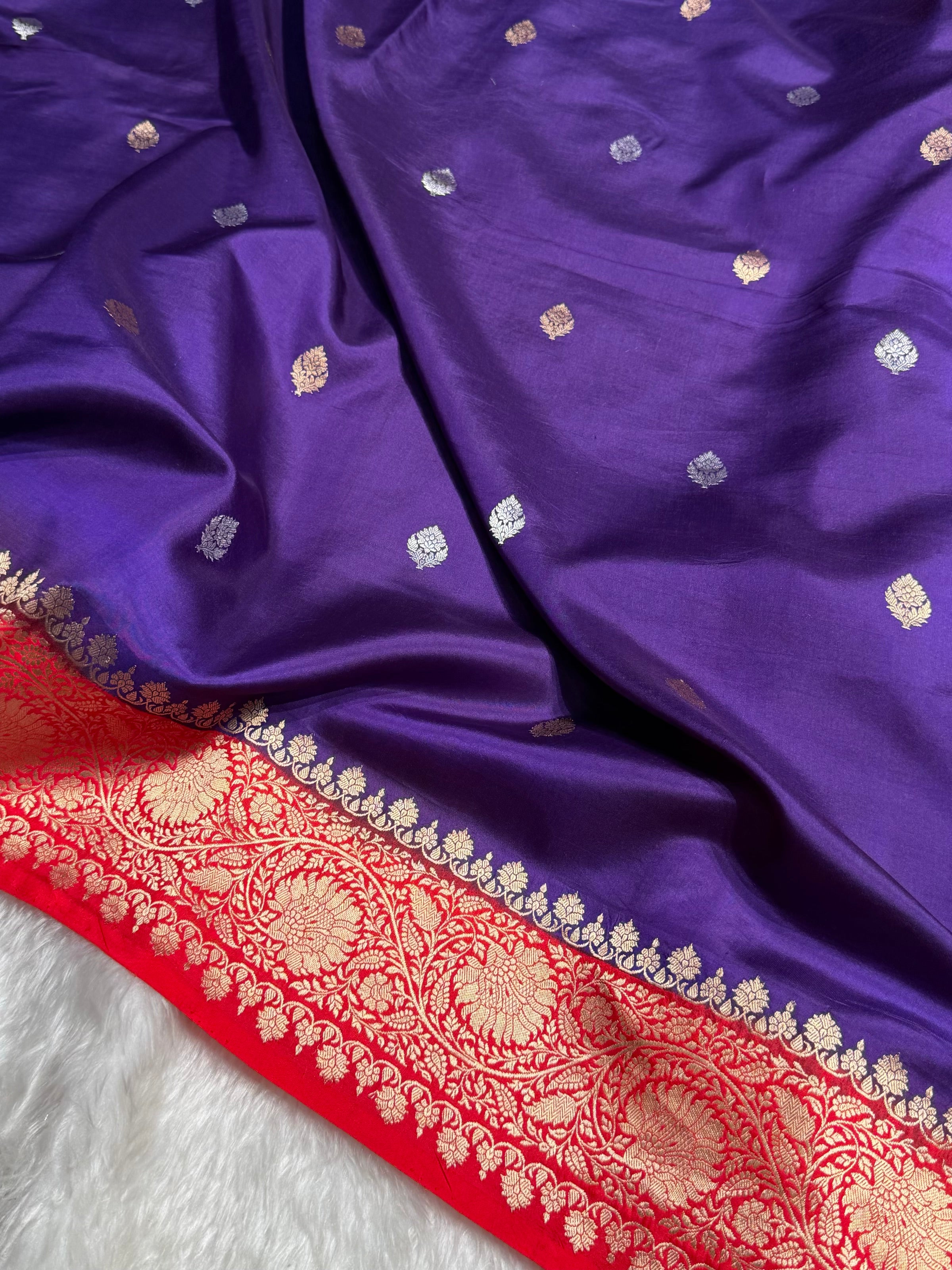 Contrast Purple With Red Boota Handwoven Pure Katan Raw Mango Silk RM-33
