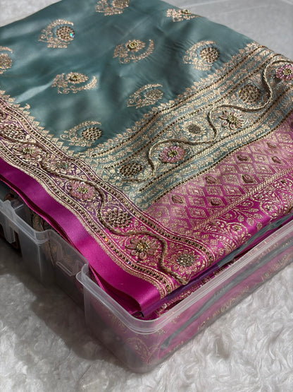 Turquoise with Lavender Floral Boota With Swarovski & Zardozi Work Satin Katan Silk saree BSK27