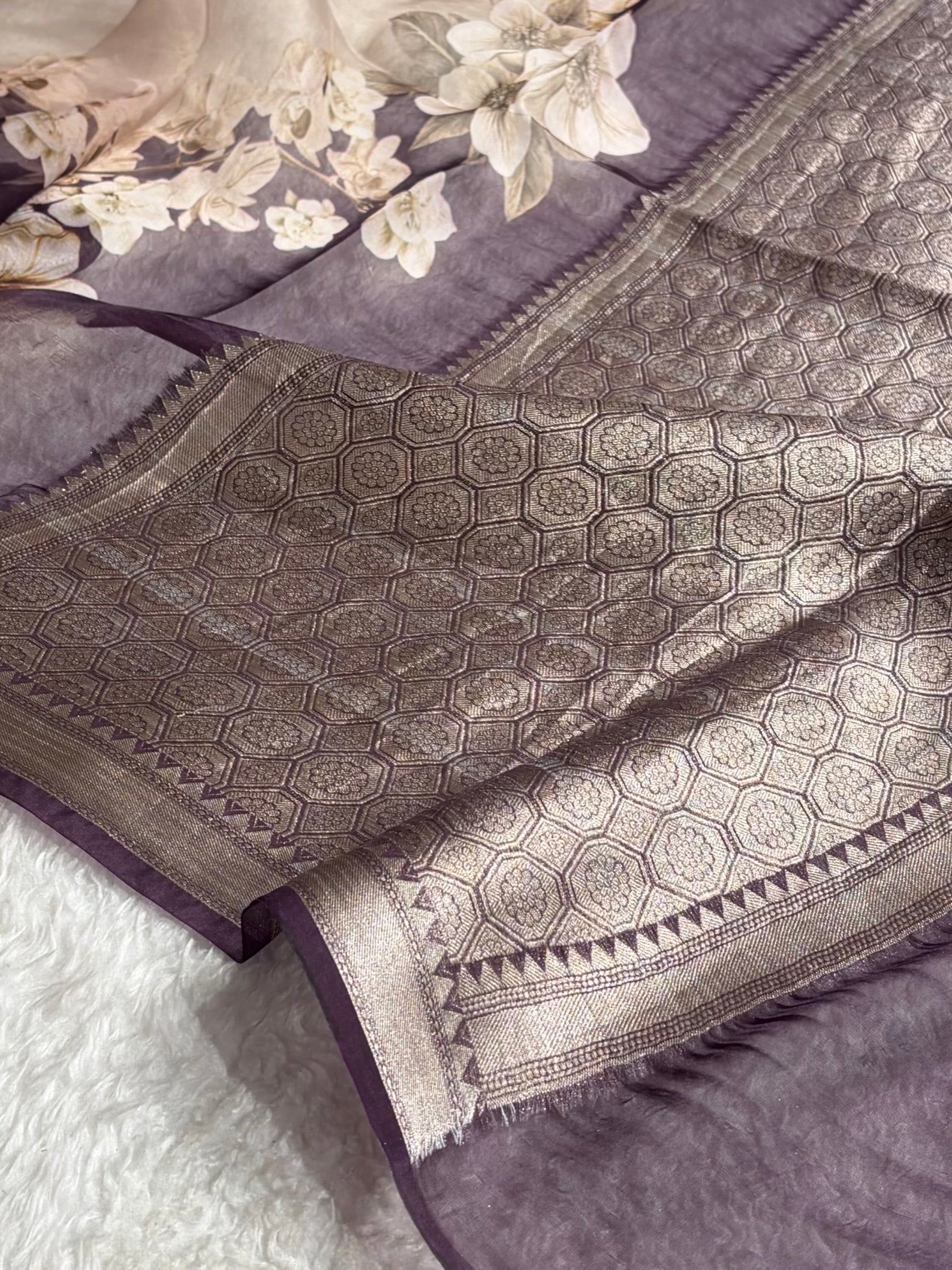 Light Beige & Wine Organza with Pastel Multicolor Florals & Gold Zari Border POP08