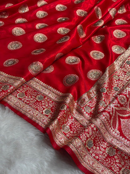Red Shades Banarasi With Swarovski Stone Work Satin Silk Saree BSS33