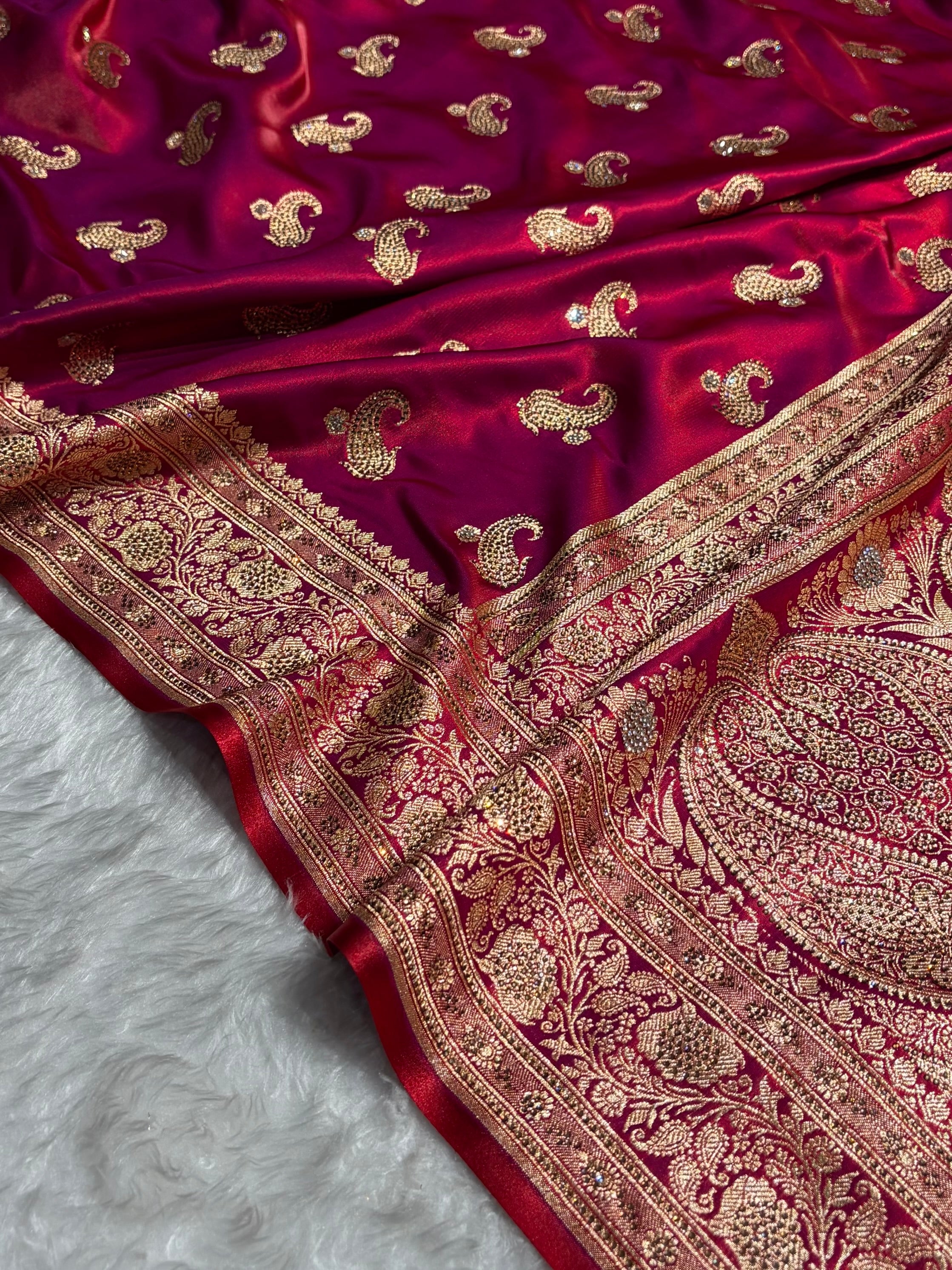 Satin Silk Saree Tredition Banarasi Swarovski Work Floral Boota in Reddish Purple Shades BSS27