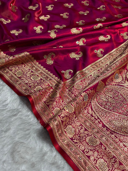 Satin Silk Saree Tredition Banarasi Swarovski Work Floral Boota in Reddish Purple Shades BSS27