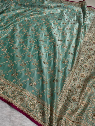 Pastel Sea Green Shades Cross With Swarovski and Zardozi Work Satin Katan Silk Saree BSK17