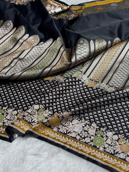 Dark Navy Blue Shades Floral Minakari Skirt Border Mashru Silk Saree MSM-83