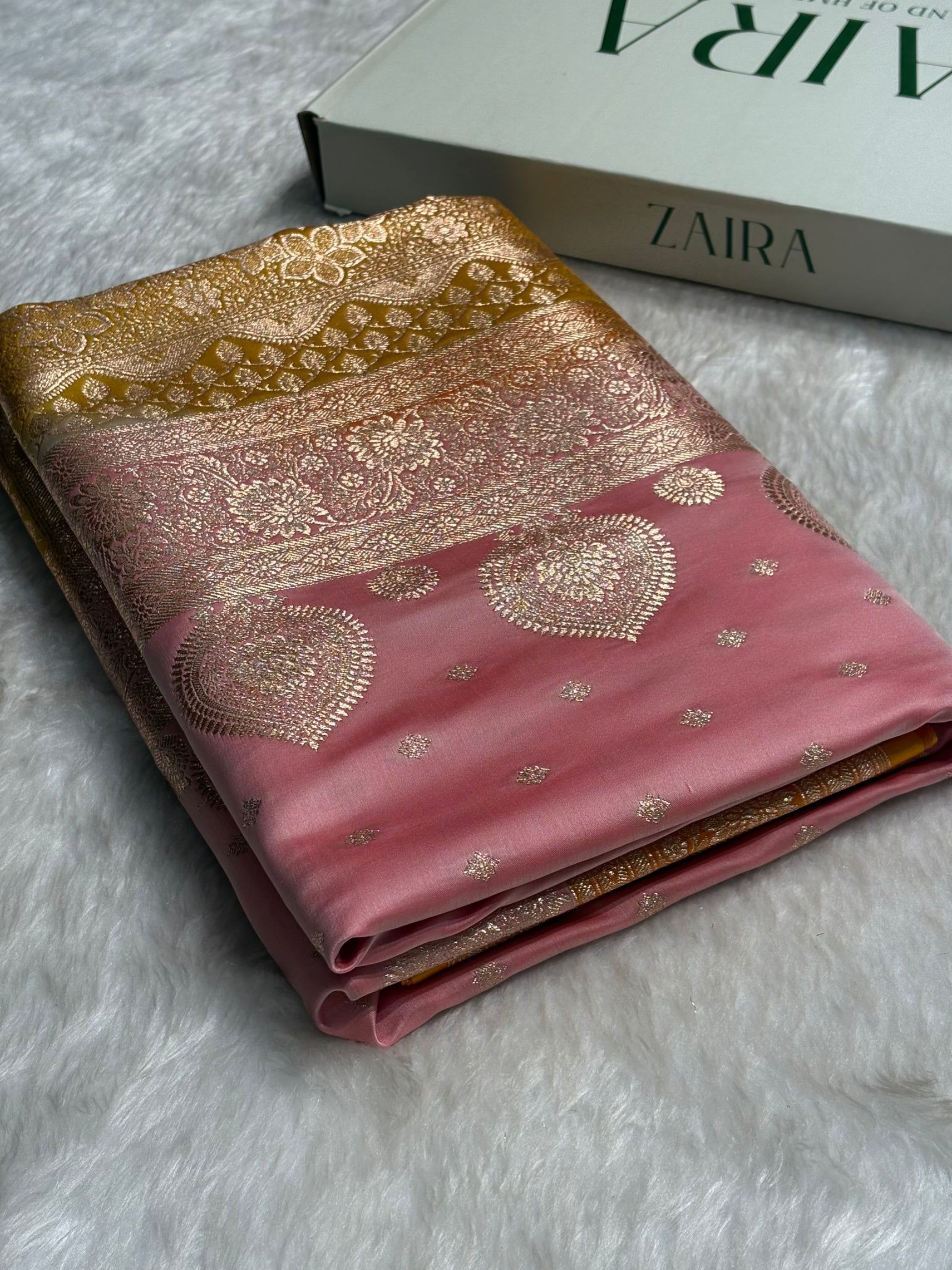 Baby Pink with Mustard Booti Satin Katan Silk saree SK29