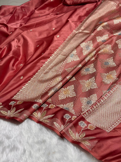 Banarasi Peach Shades Minakari Booti Mashru Silk Saree MS58