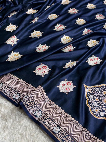 Premium Banarasi Satin Katan Saree Minakari Booti Pattern in Navy Blue Shades SK138