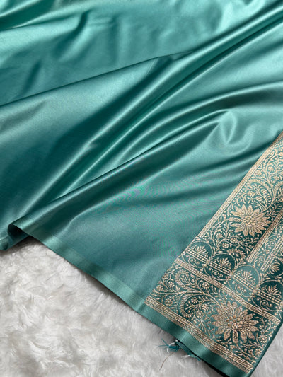 Powder blue / Teal green Contrast Satin Katan Saree Floral Cross Pattern SK155