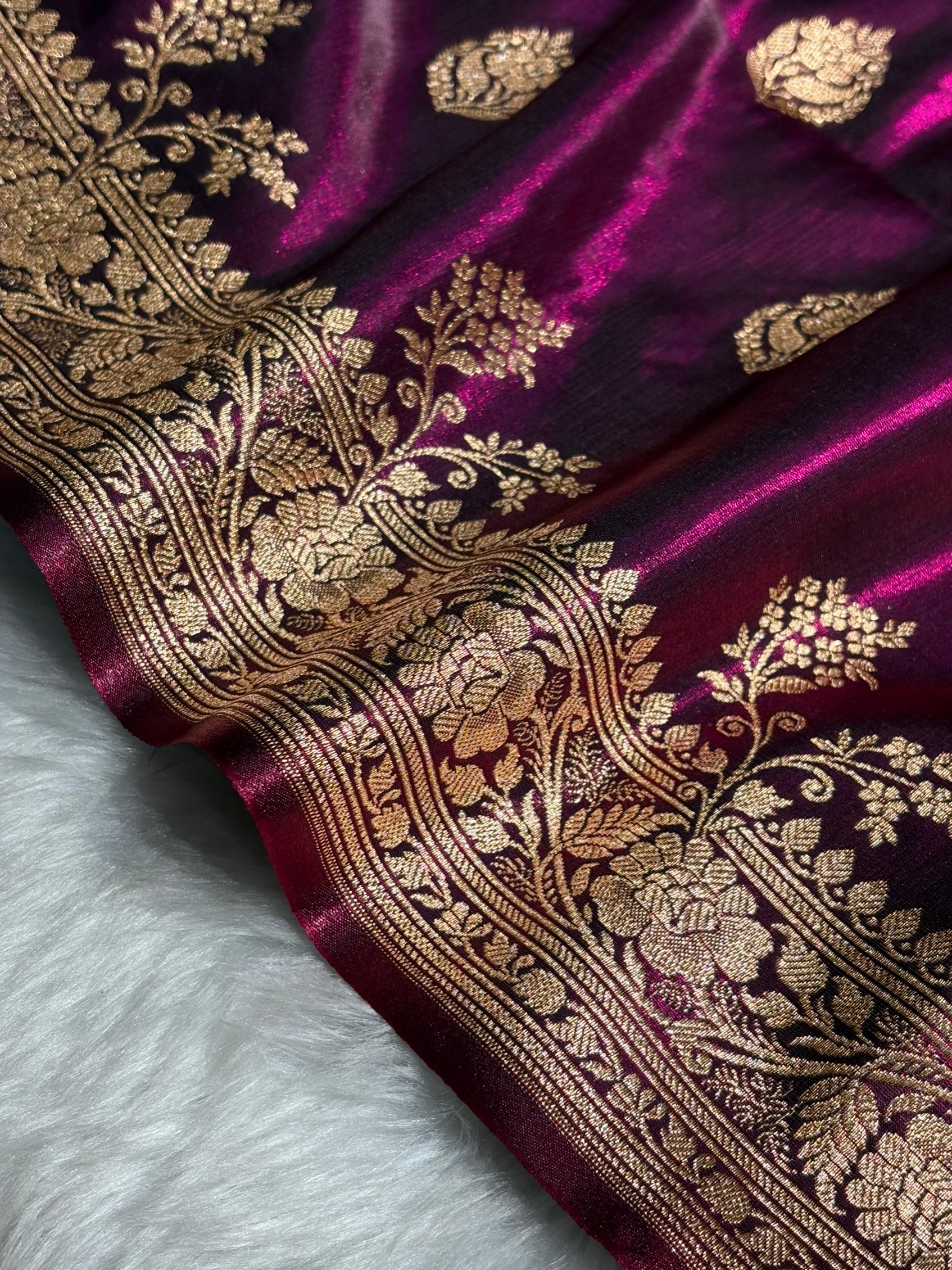 Satin Silk Saree Booti Motif in Wine Shades SS20