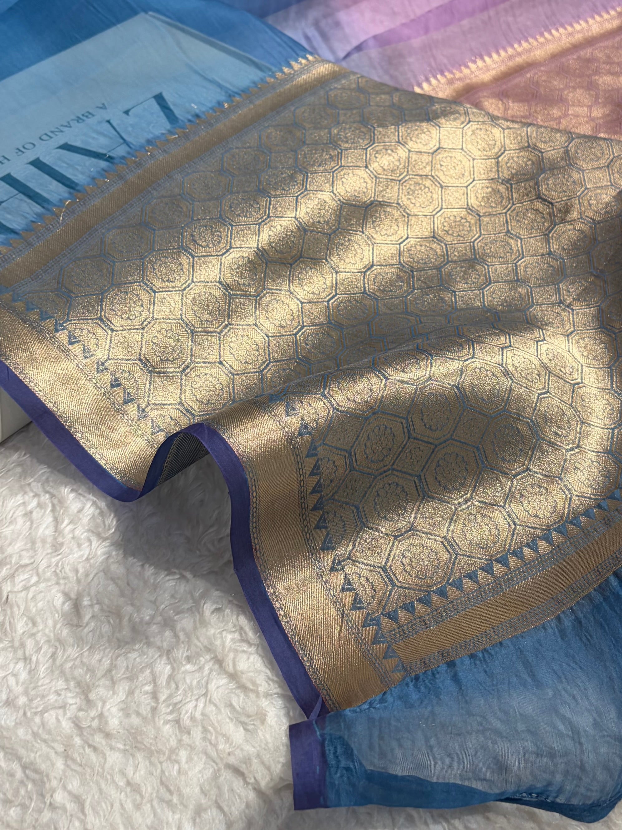 Ombre Firozi With Lavender Pure Organza  Banarasi Silk Saree PO-01