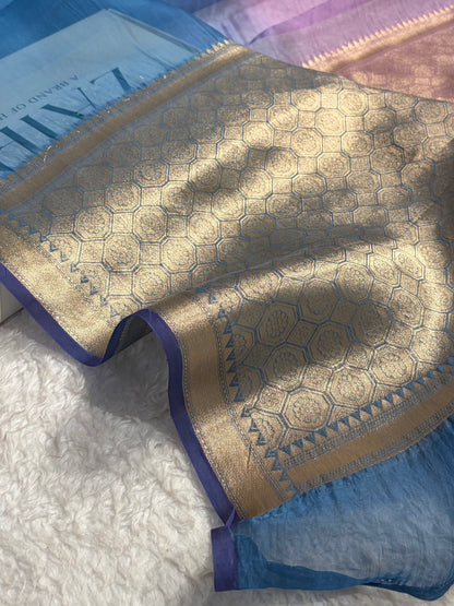 Ombre Firozi With Lavender Pure Organza  Banarasi Silk Saree PO-01