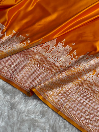 Orange Shades Ghat Pattern Satin Katan Silk Saree SK19