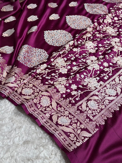 Wine Shades Banarasi Boota Pattern Minakari Floral Mashru Silk Saree MSM-122