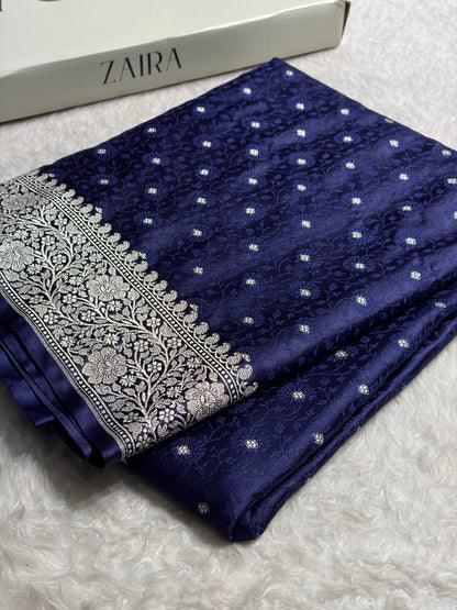 Navy Blue Shades Booti Tanchoi Mashru Silk Saree