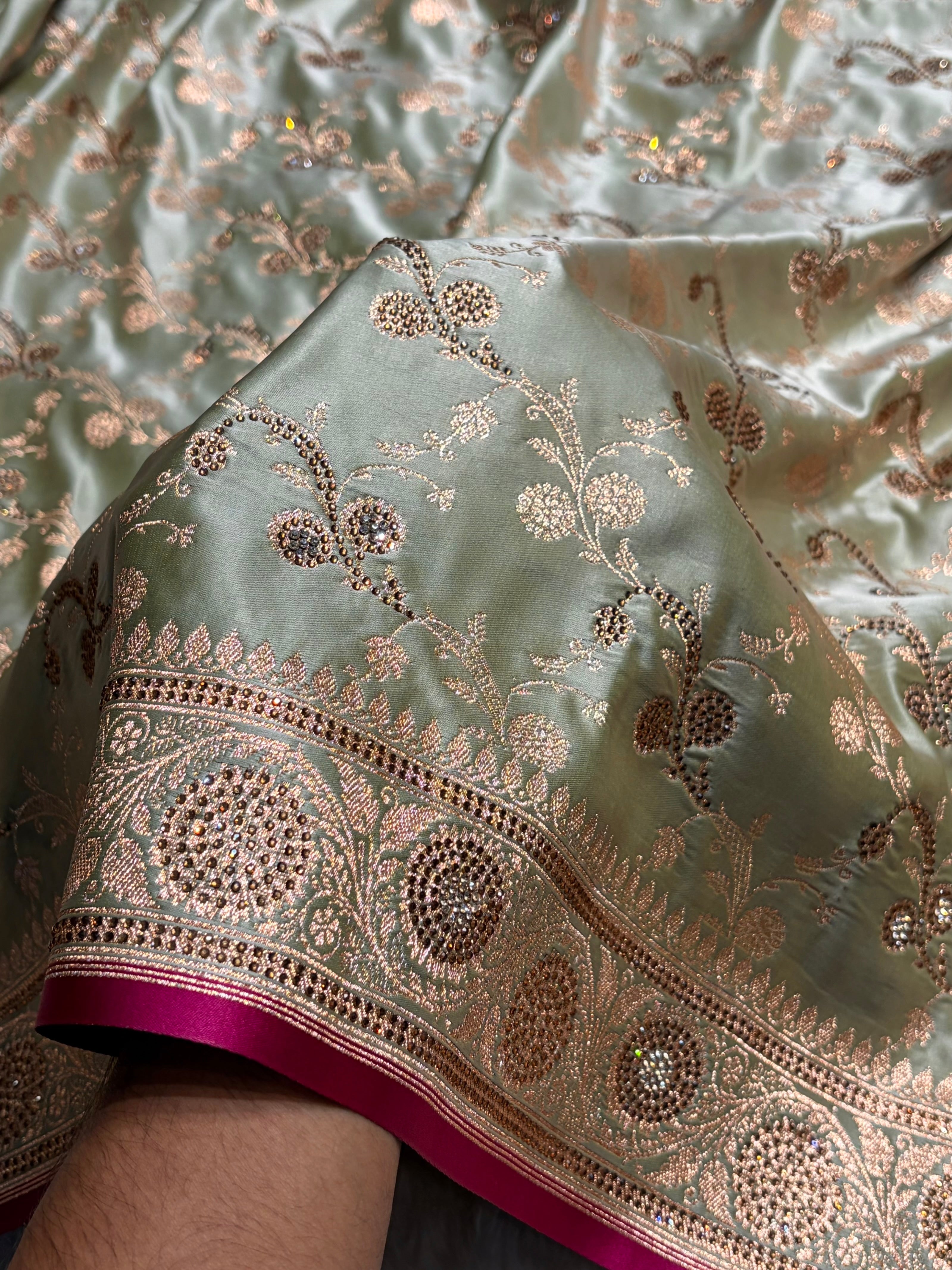 Pista Shades Cross With Swarovski Work Satin Katan Silk Saree BSK17