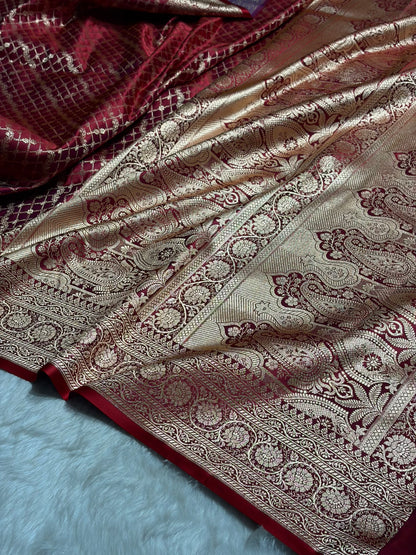 Magnetic Red Banarasi Brocade Soft Katan Silk Saree SKB-01