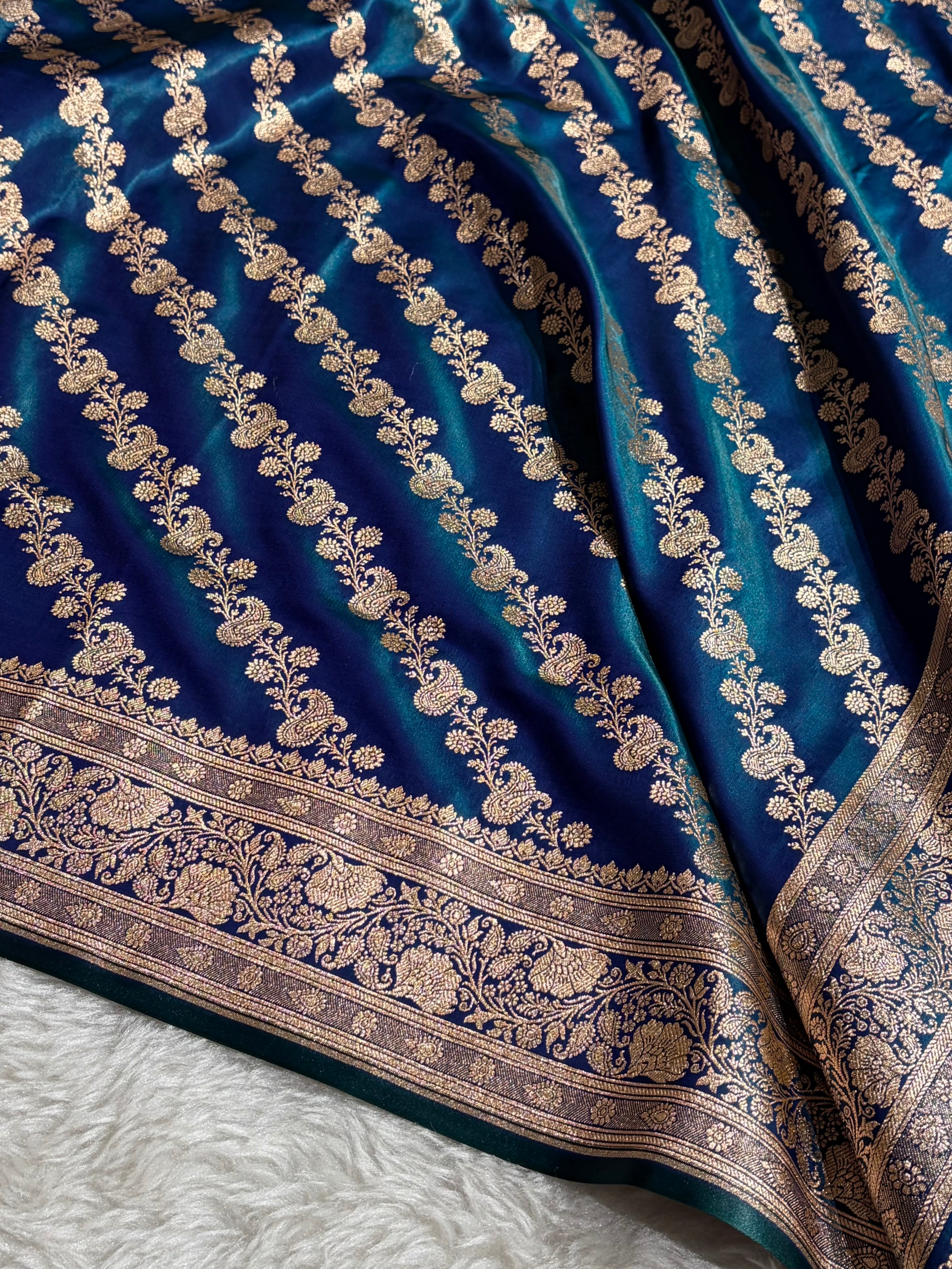 Banarasi Peacock Shades Cross Pattern Banarasi Satin Silk Saree SS51
