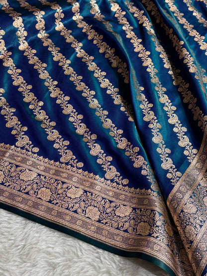 Banarasi Peacock Shades Cross Pattern Banarasi Satin Silk Saree SS51