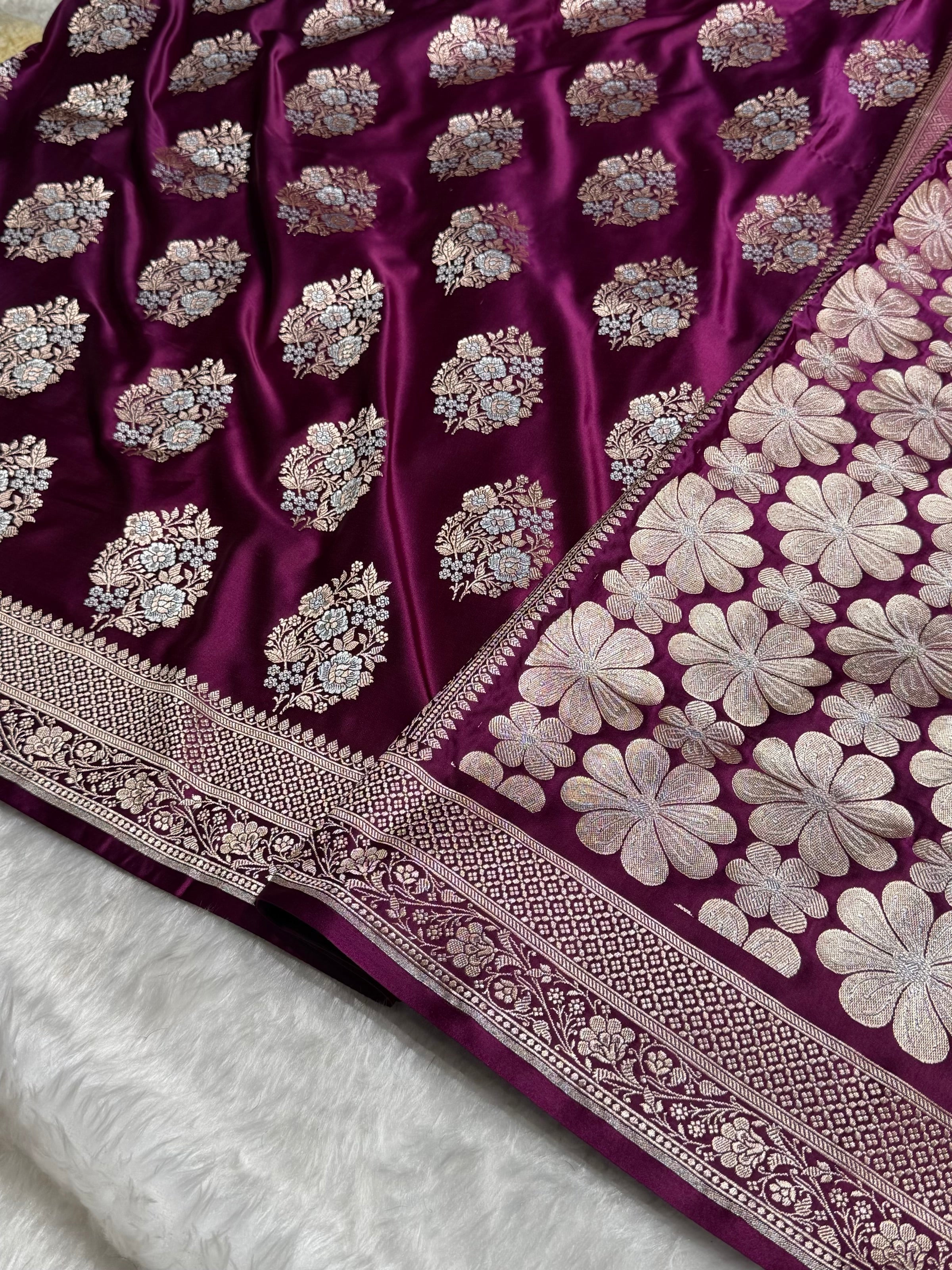 Premium Banarasi Satin Katan Saree With Minakari Boota in Wine Shades SK93