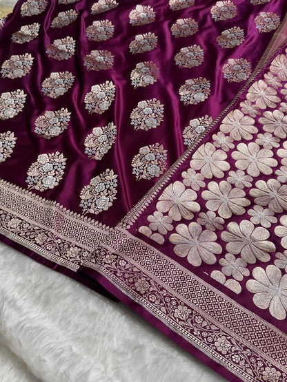 Premium Banarasi Satin Katan Saree With Minakari Boota in Wine Shades SK93