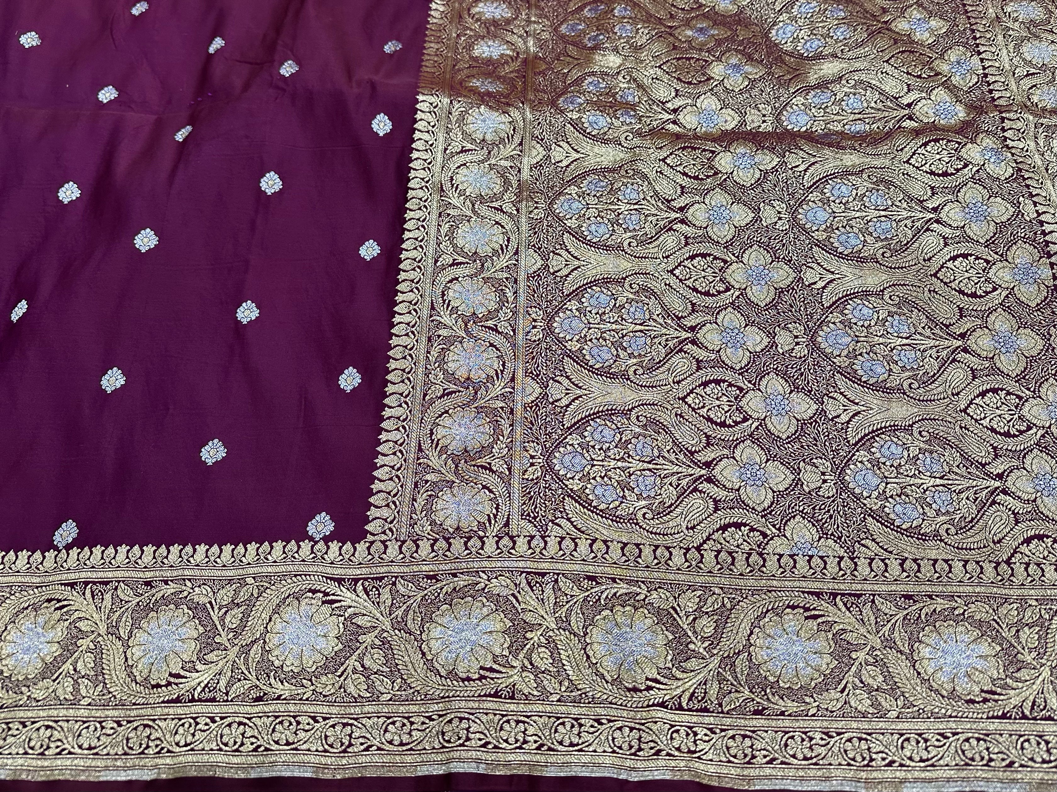 Mashru Katan Meena Silk Saree in Wine Shades.