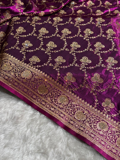 Satin Silk Saree Banarasi Swarovski Work Jaal in Wine Shades BSS23 (R)