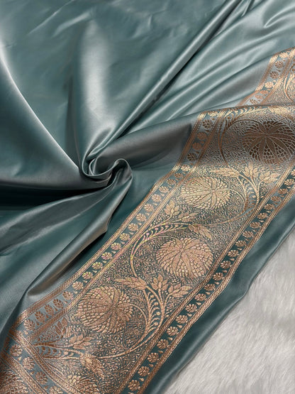 Turquoise Banarasi Jaal Satin Katan Silk Saree SK06