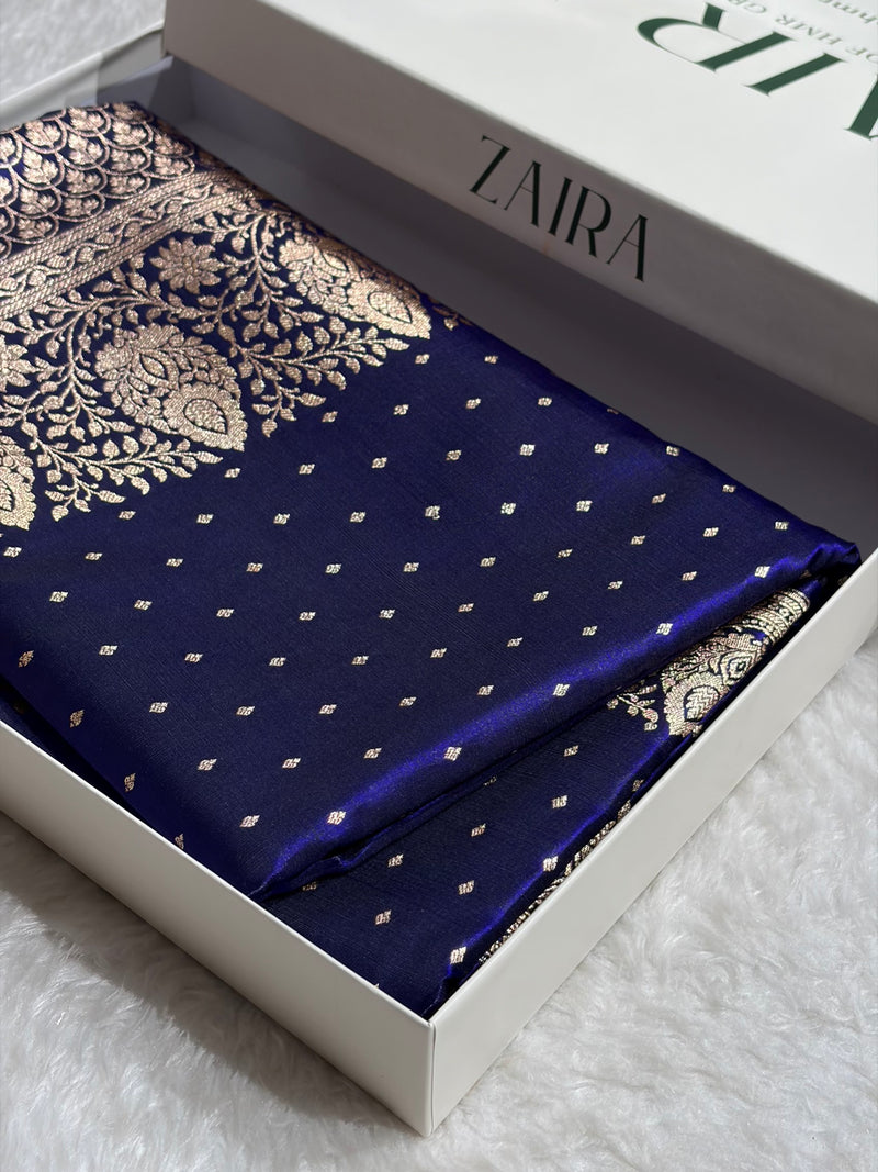 Satin Silk Saree Floral Boota in Royal Blue Shades SS28