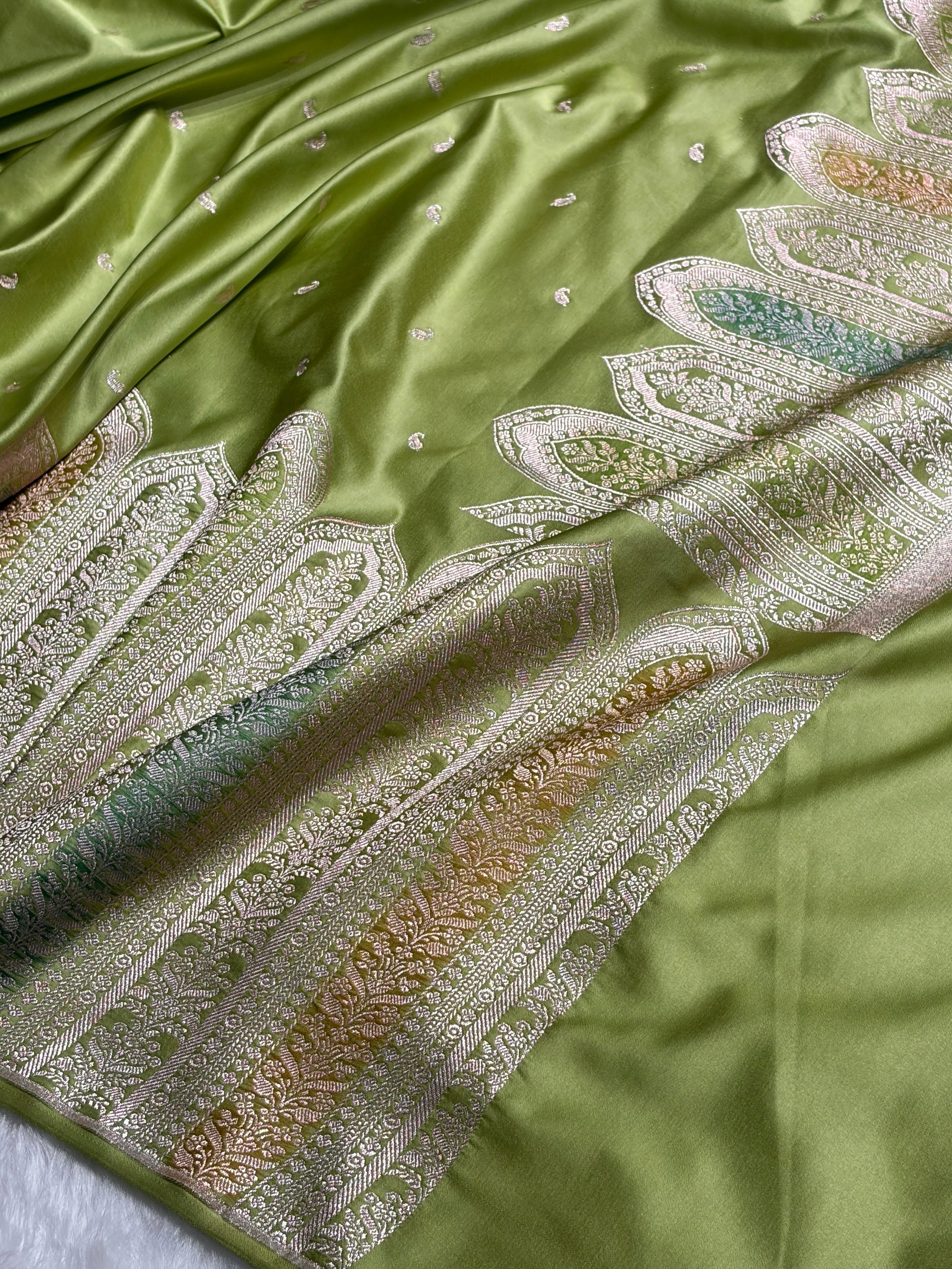 Skirt Border Pista Green Minakari Mashru Silk Saree MS13