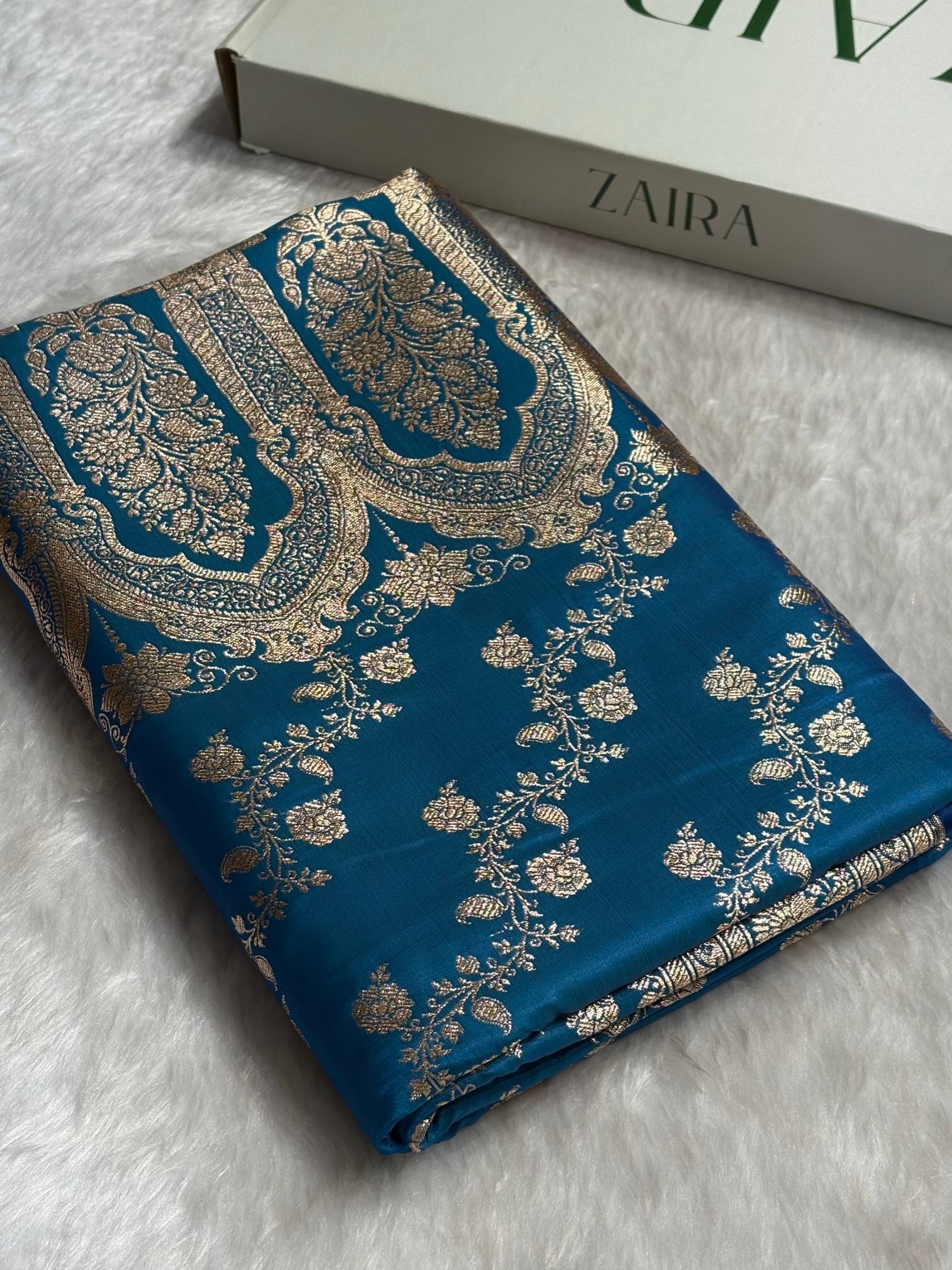 Firozi Shades Banarasi  Cross Jaal Satin Silk Saree SS11
