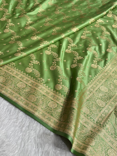 Banarasi Satin Katan Saree With Jaal Pattern in Pista Green Shades SK121