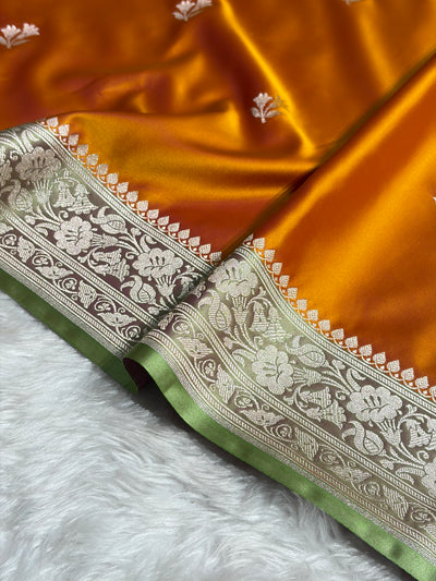 Contrast Orange / Olive Gold Shades Banarasi Booti Pattern Mashru Silk Saree MSM-138