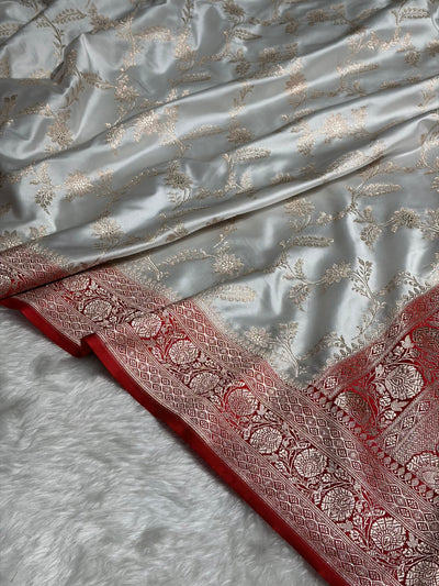 White with Red Contrast Jaal Mashru Silk Saree MCS23