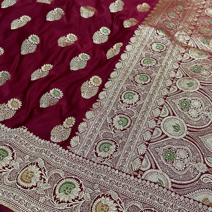 Mashru Katan Meena Silk Saree in Mahroon Shades.